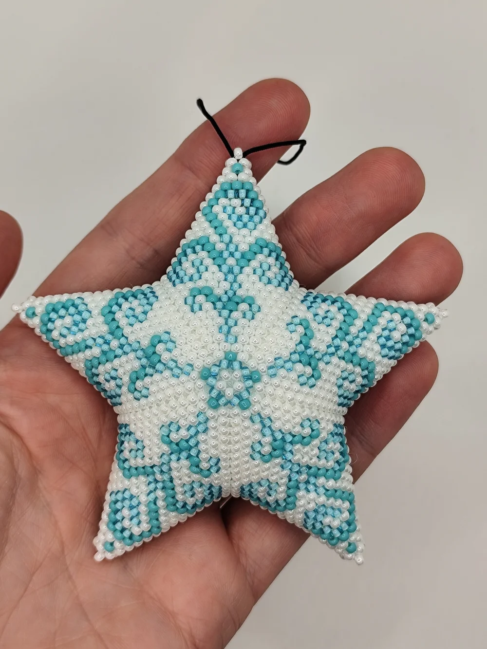 Beaded Star Holiday Ornament in White & Teal